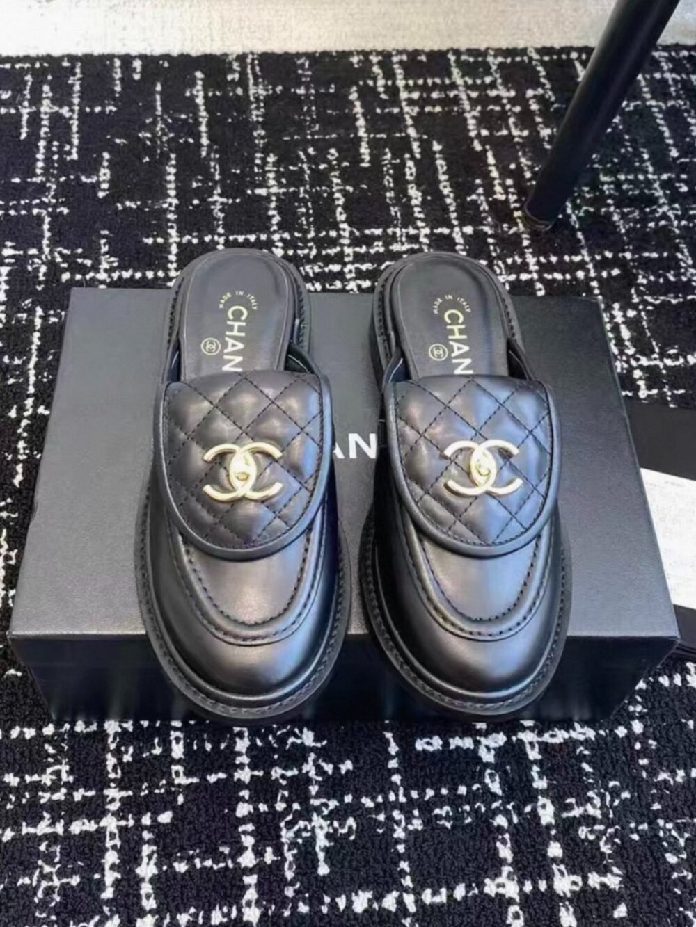 Chanel Black Leather Quilted CC Turnlock Mules